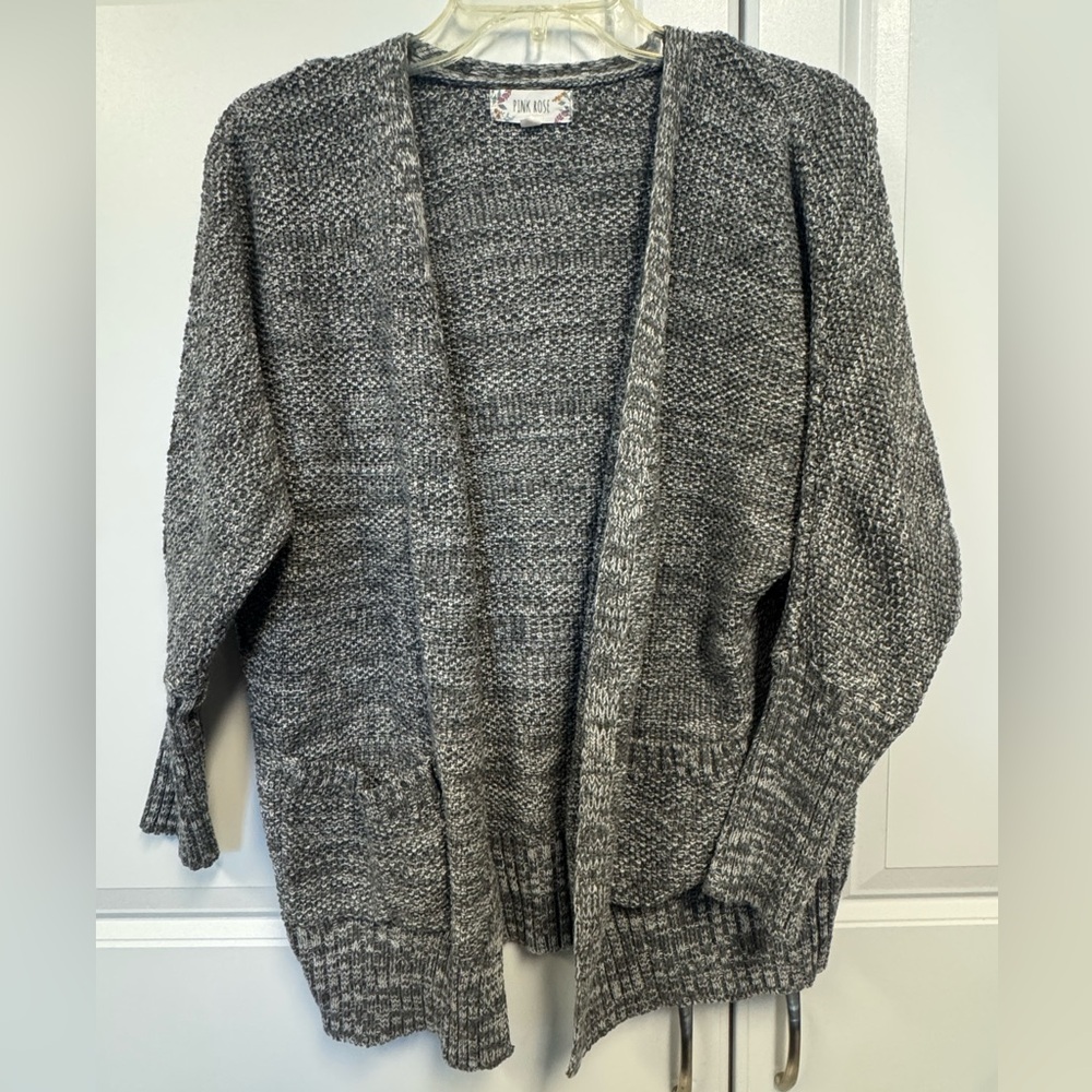 Pink Rose Sweater Womens Small Gray Open Cardigan Cozy Causal Office Pockets